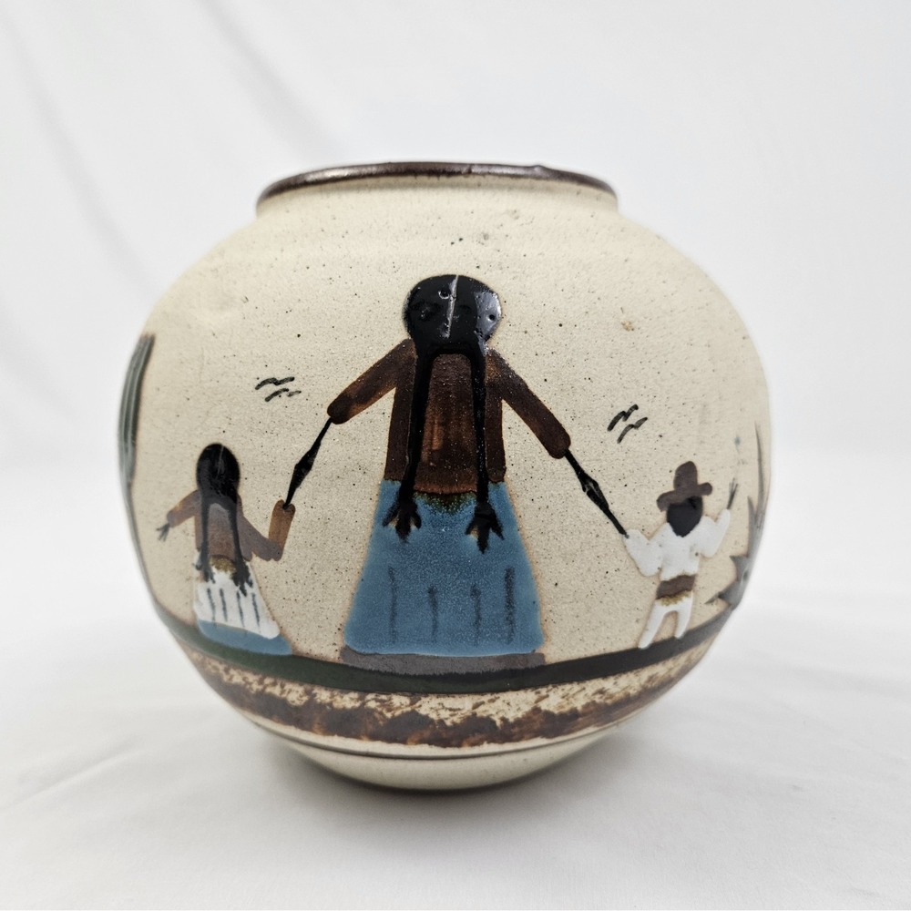 Tonala Pottery Vase Glazed Stoneware Mexican Folk Art Signed Hand Painted Vtg